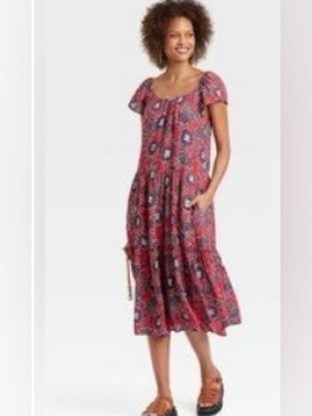 Knox Rose Red and Navy 100% Rayon Midi Floral Dress with side pockets. Lined.
